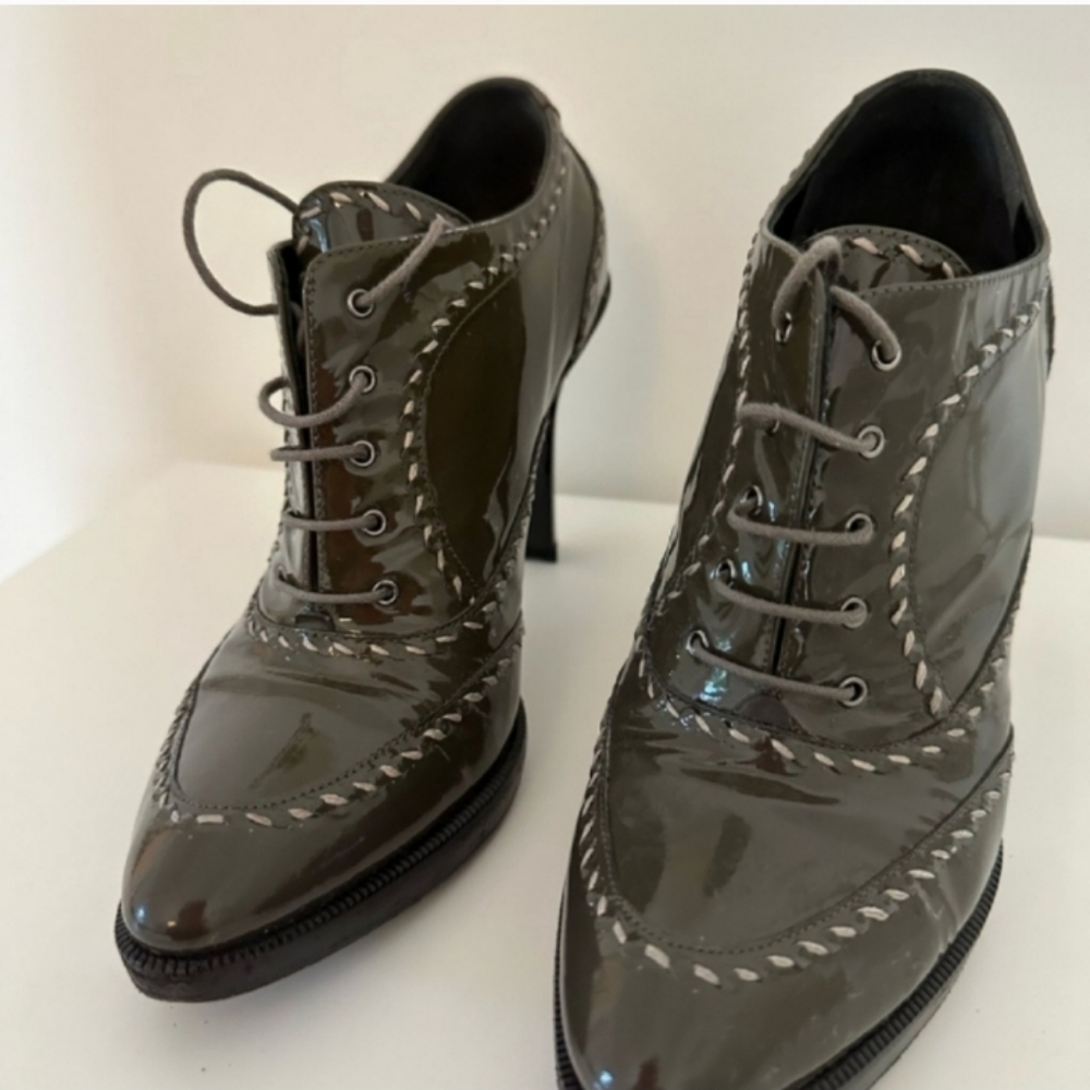 BOTTEGA VENETA Italian Women's 7 (37) Patent Leather Green White Lace-Up Heels 4